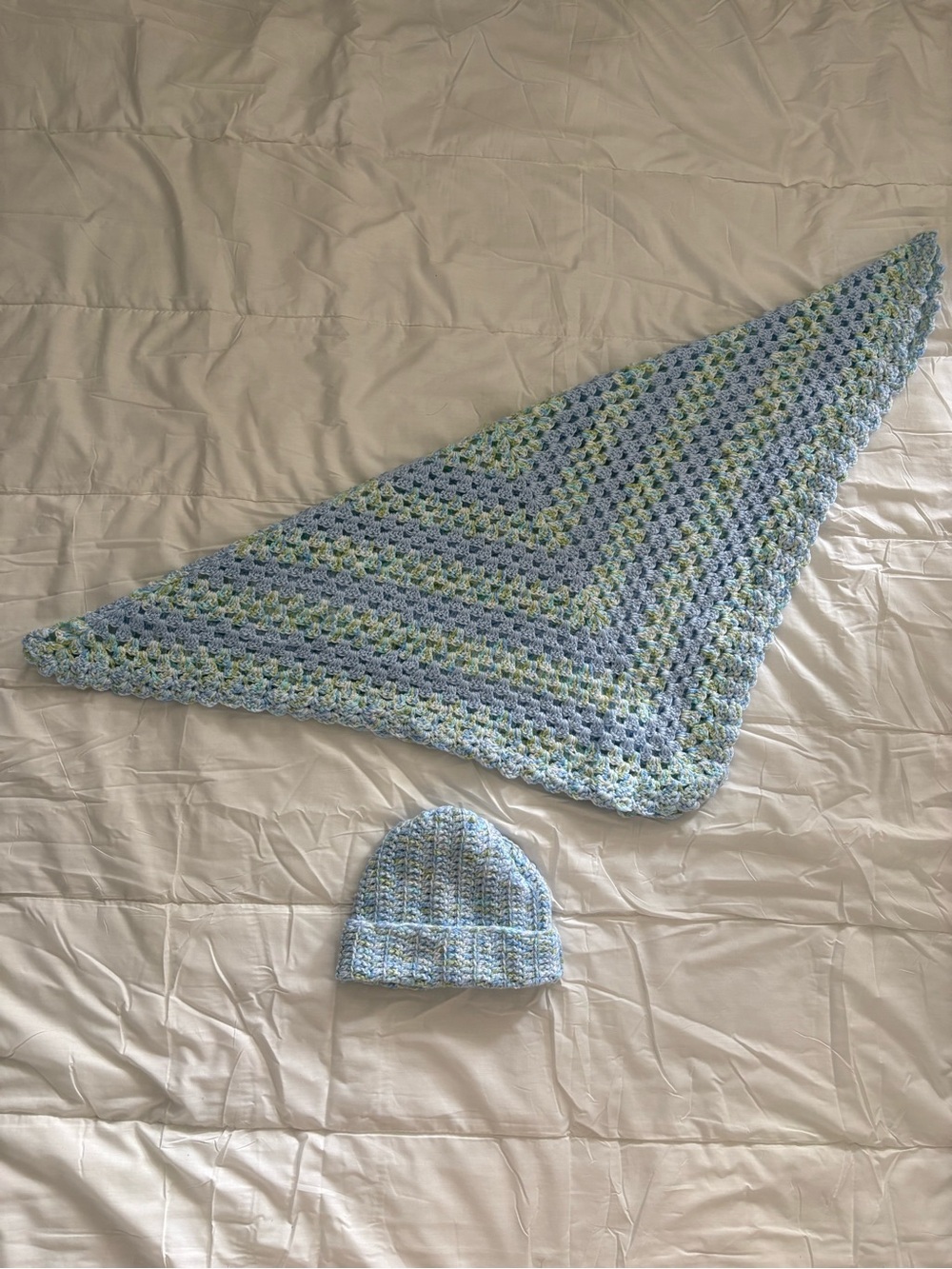 Handmade Kids Matching Shawl and Beanie Set in Light Blue and Mint - Unbranded